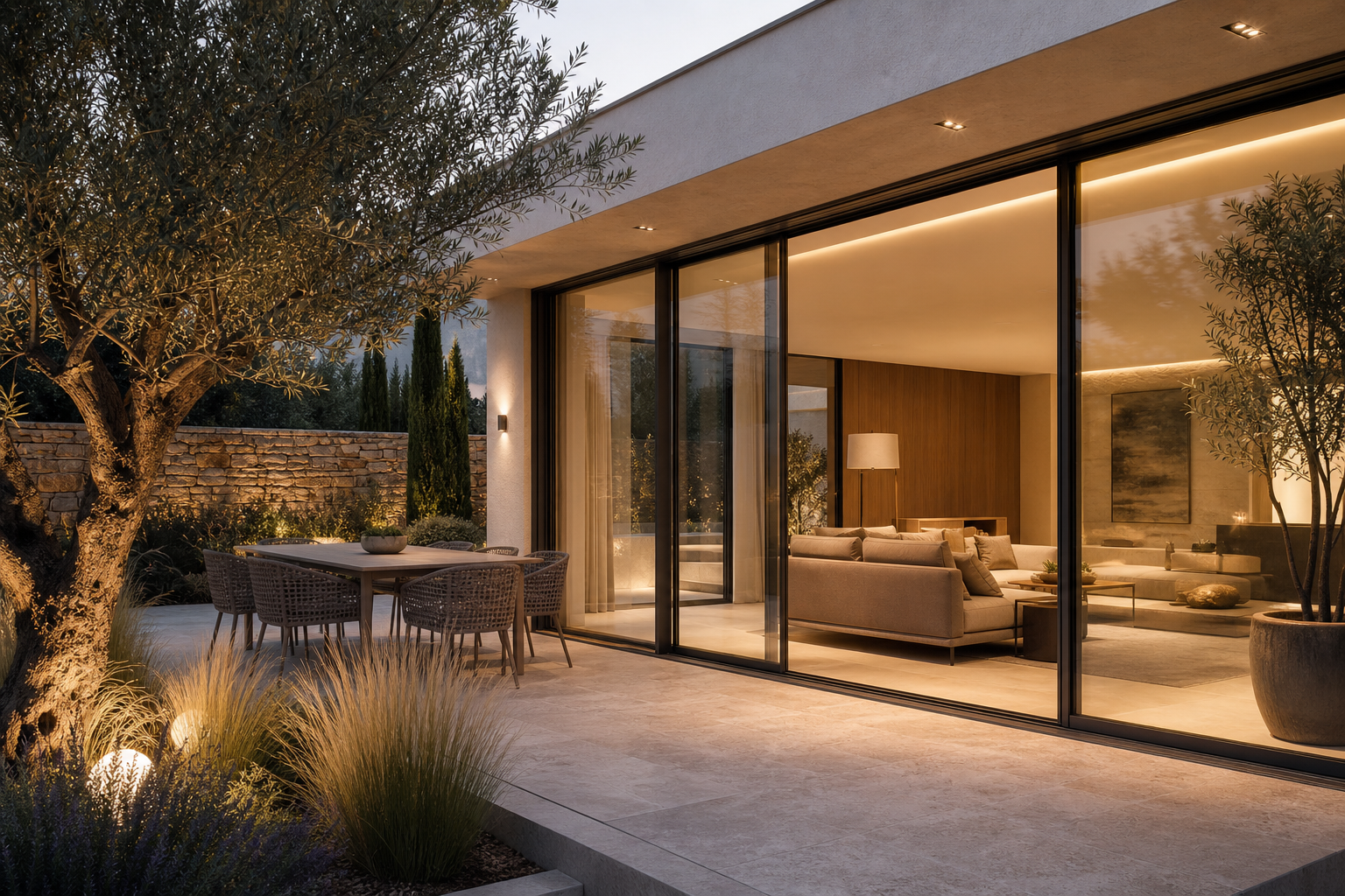 Puertas correderas de cristal conectando salón moderno con terraza y jardín