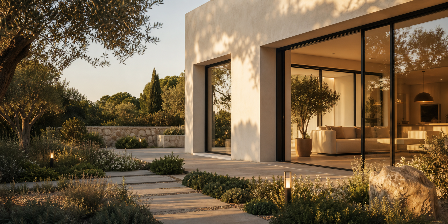 Casa moderna con grandes ventanales abiertos hacia un jardín mediterráneo
