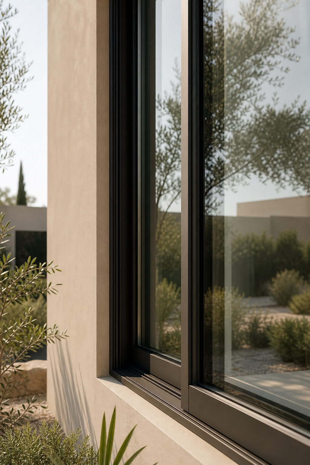 Detalle de ventana moderna con marco fino y reflejos del jardín